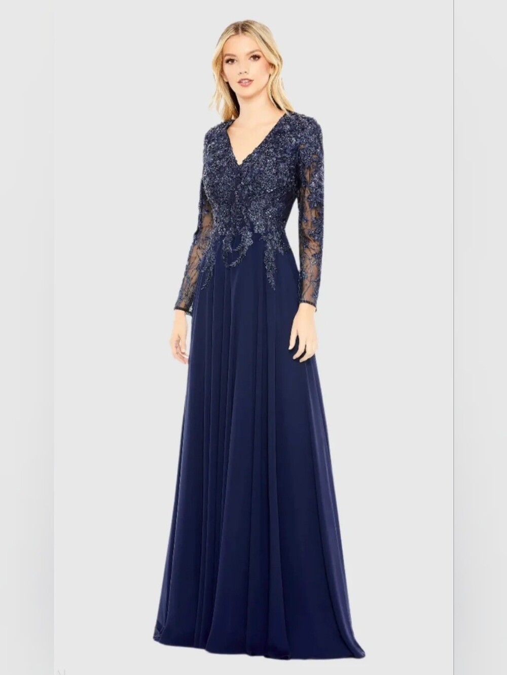 Mac Duggal Navy Beaded Lace Long Sleeve Evening Gown